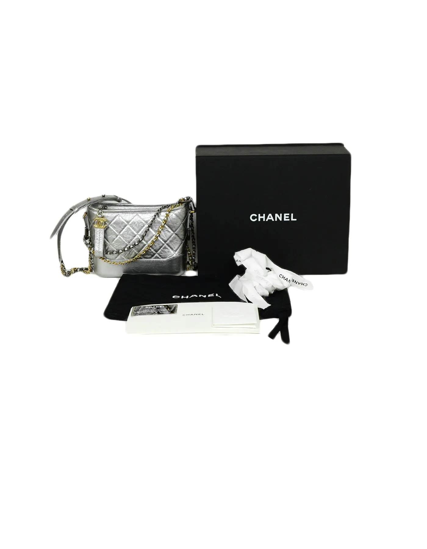 Chanel Silver Metallic Calfskin Quilted Small Gabrielle Hobo Bag