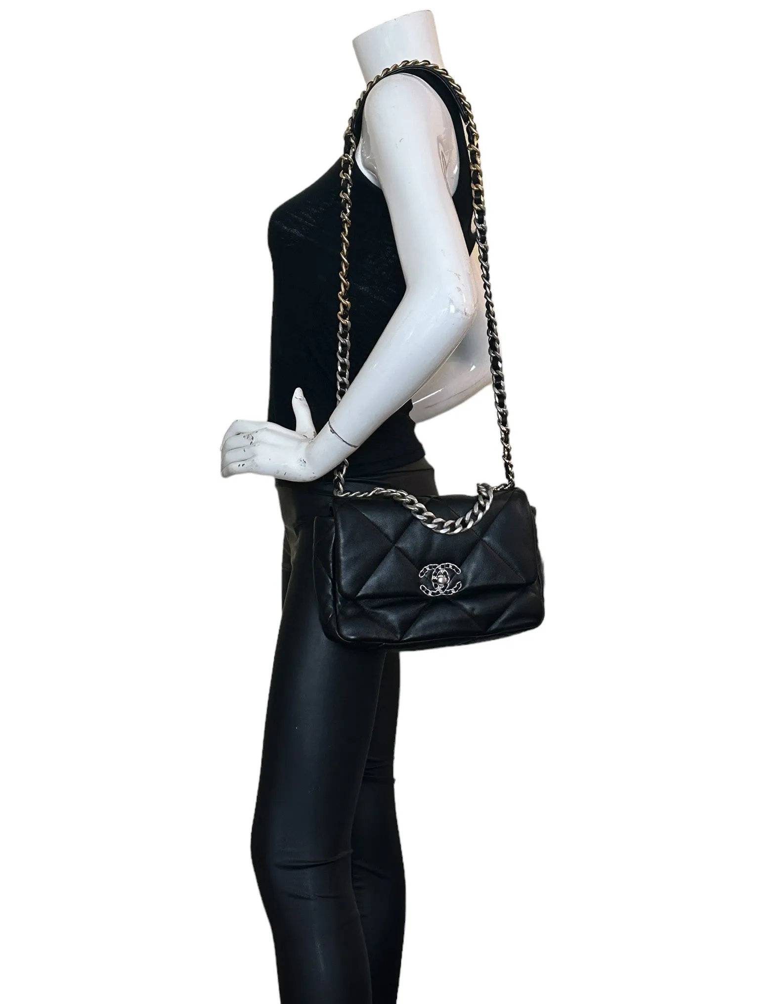 Chanel Silvertone Black Lambskin Quilted Medium 19 Bag