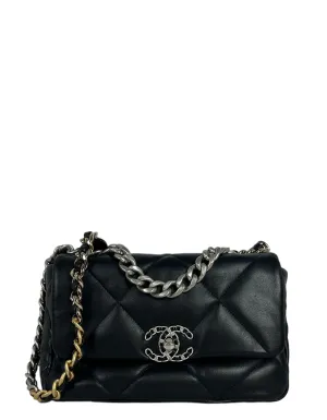 Chanel Silvertone Black Lambskin Quilted Medium 19 Bag
