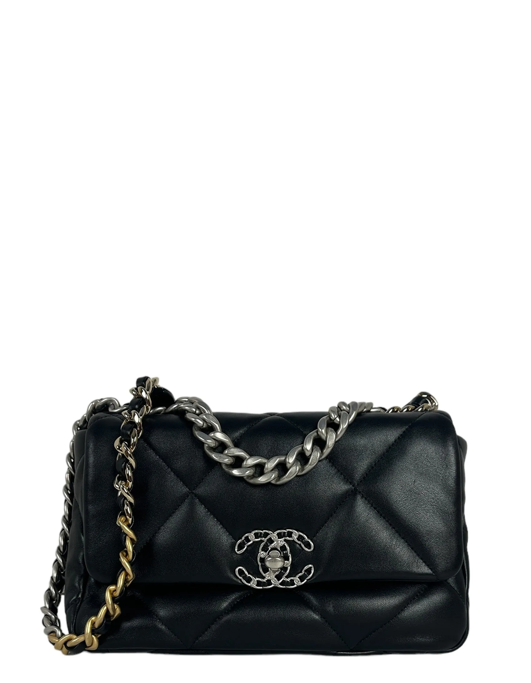 Chanel Silvertone Black Lambskin Quilted Medium 19 Bag