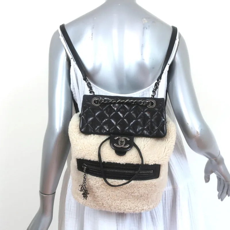 Chanel Small Mountain Backpack Cream Shearling & Black Quilted Leather Bag