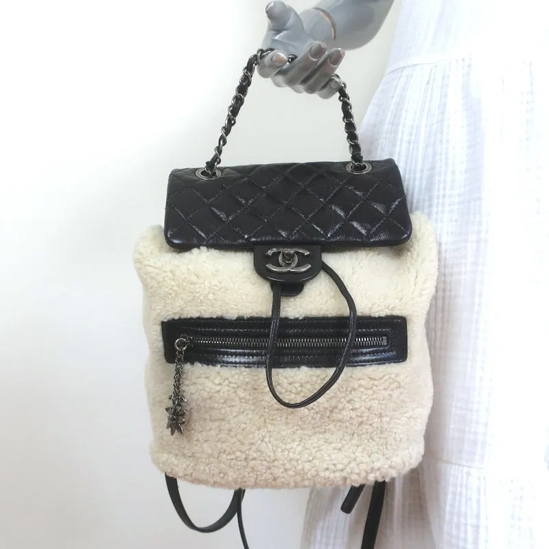 Chanel Small Mountain Backpack Cream Shearling & Black Quilted Leather Bag
