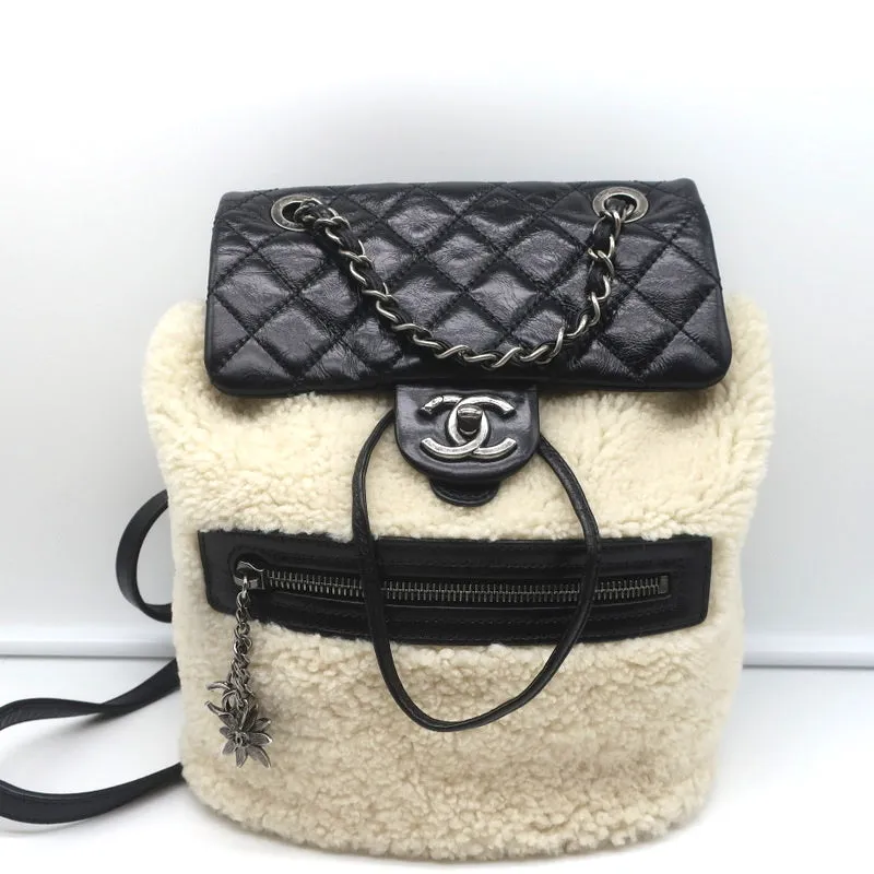 Chanel Small Mountain Backpack Cream Shearling & Black Quilted Leather Bag