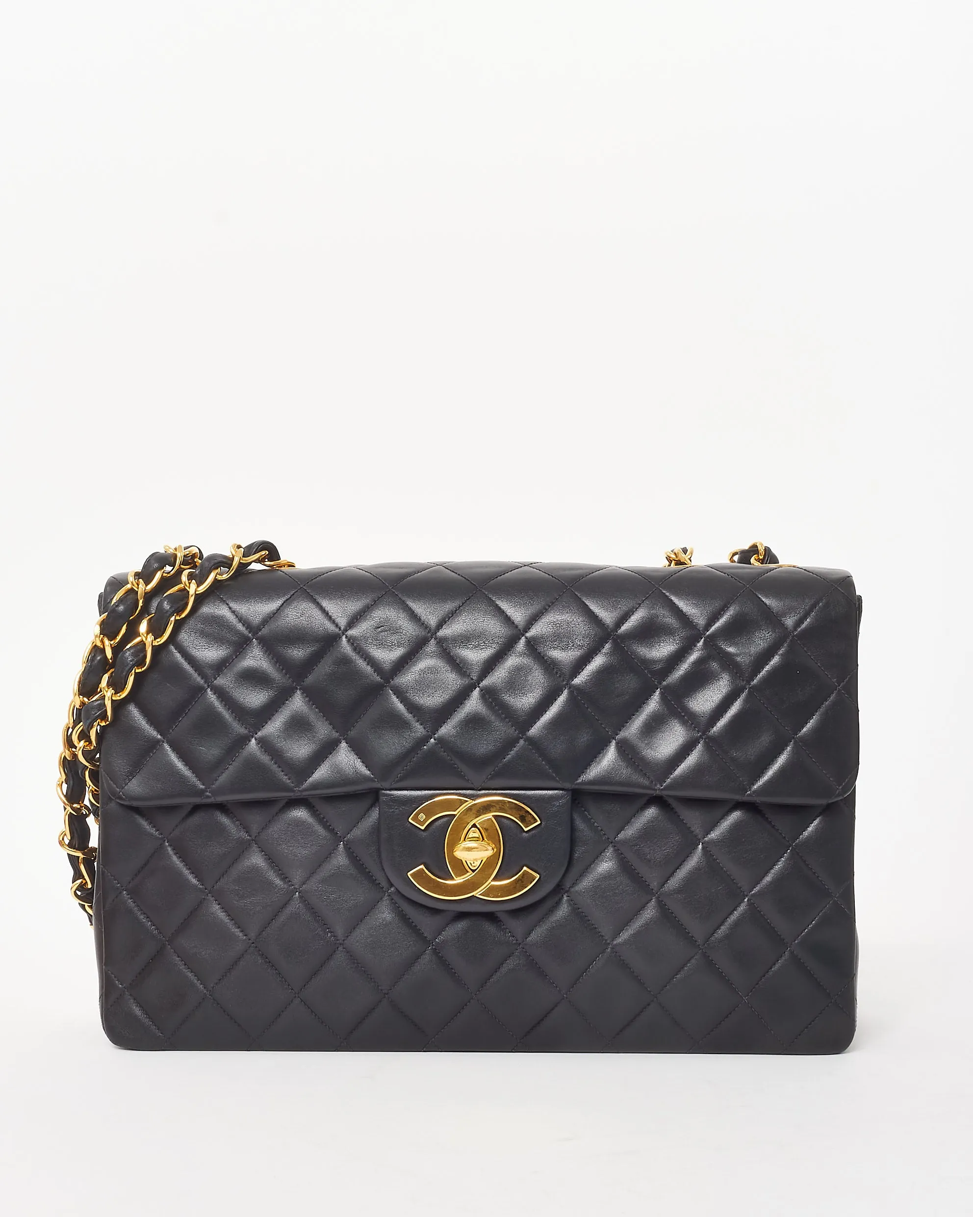 Chanel Vintage Black Lambskin Quilted Leather 24k Gold XL CC Maxi Flap Bag