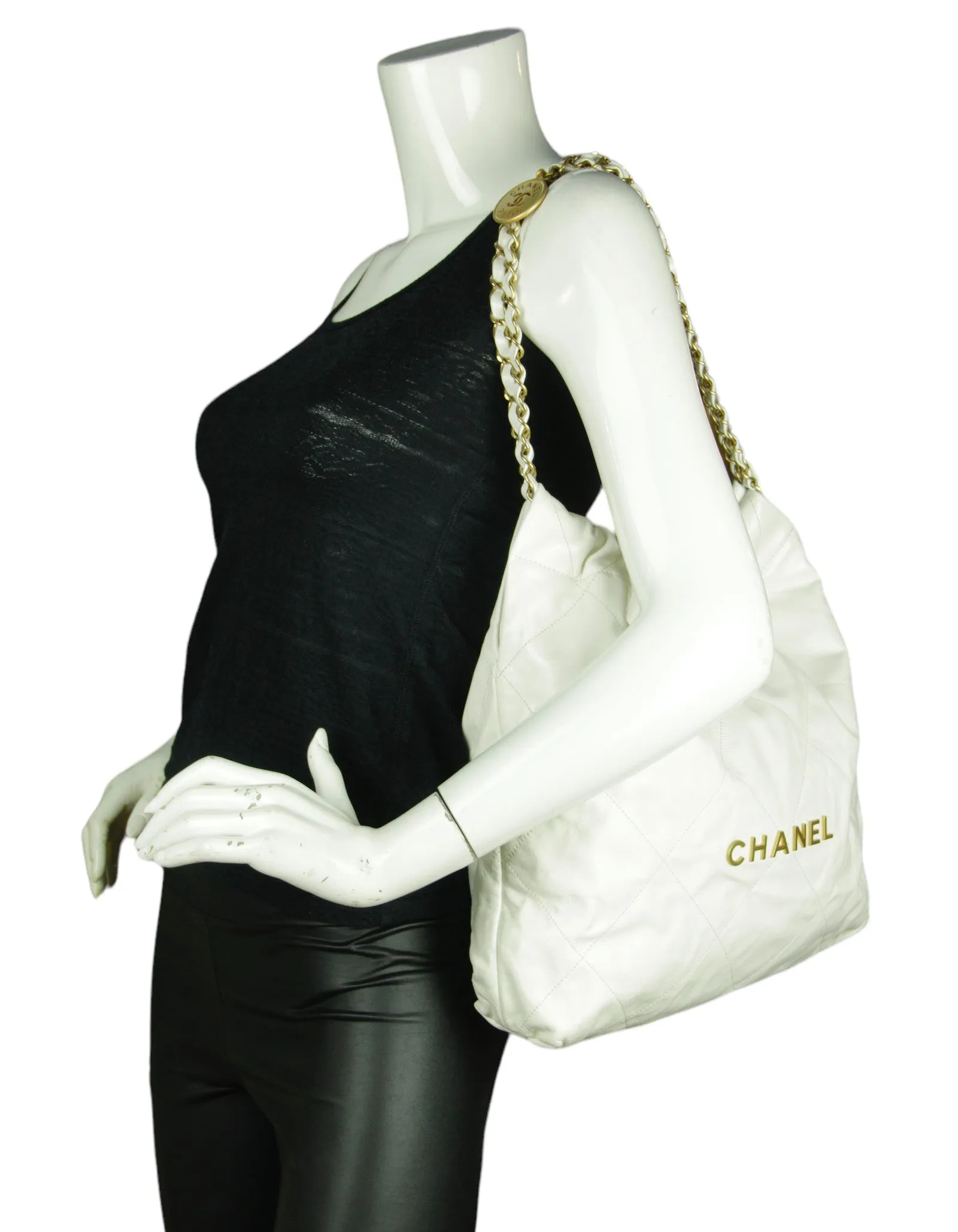 Chanel White Leather Quilted Chanel 22 Tote Bag