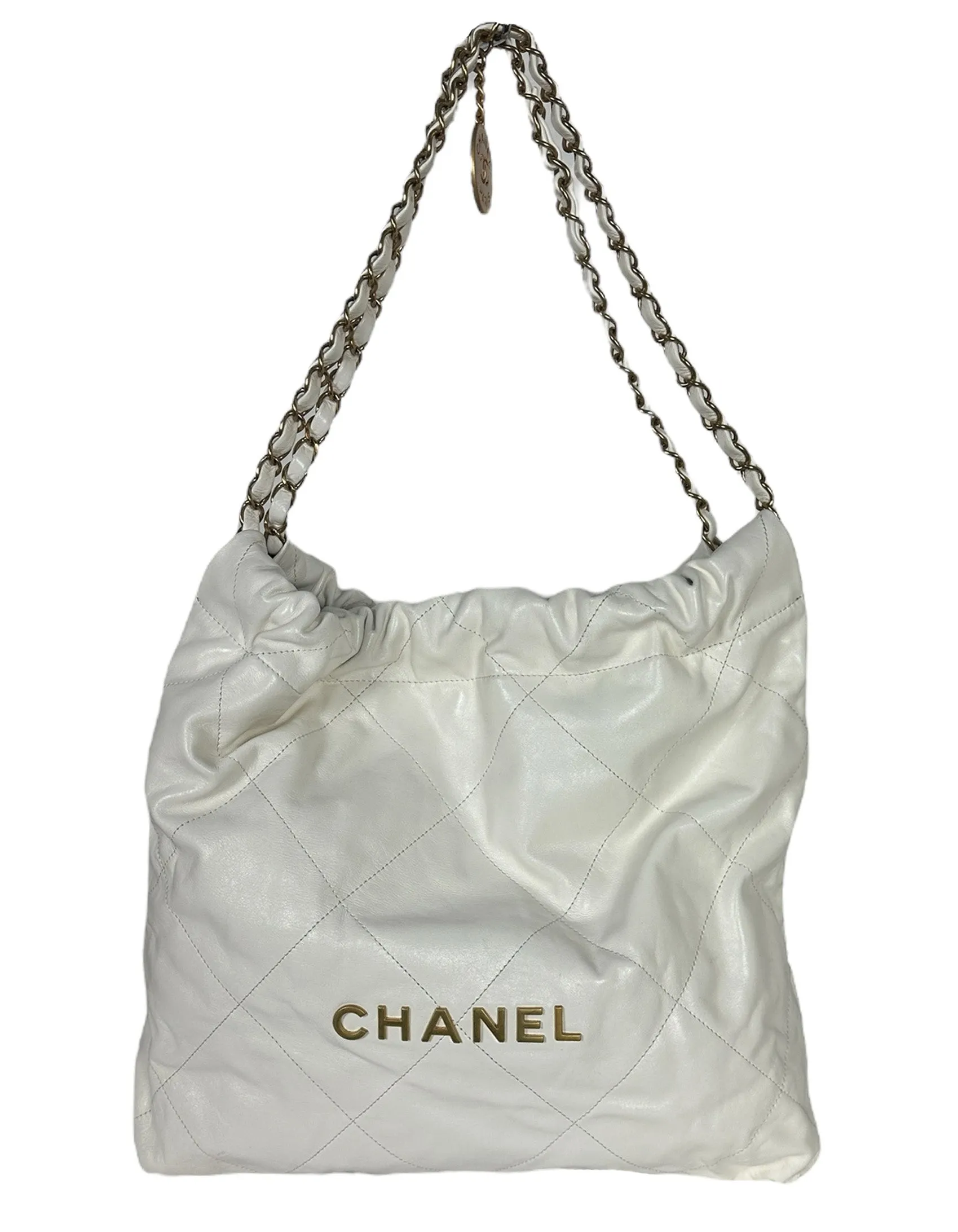 Chanel White Leather Quilted Chanel 22 Tote Bag