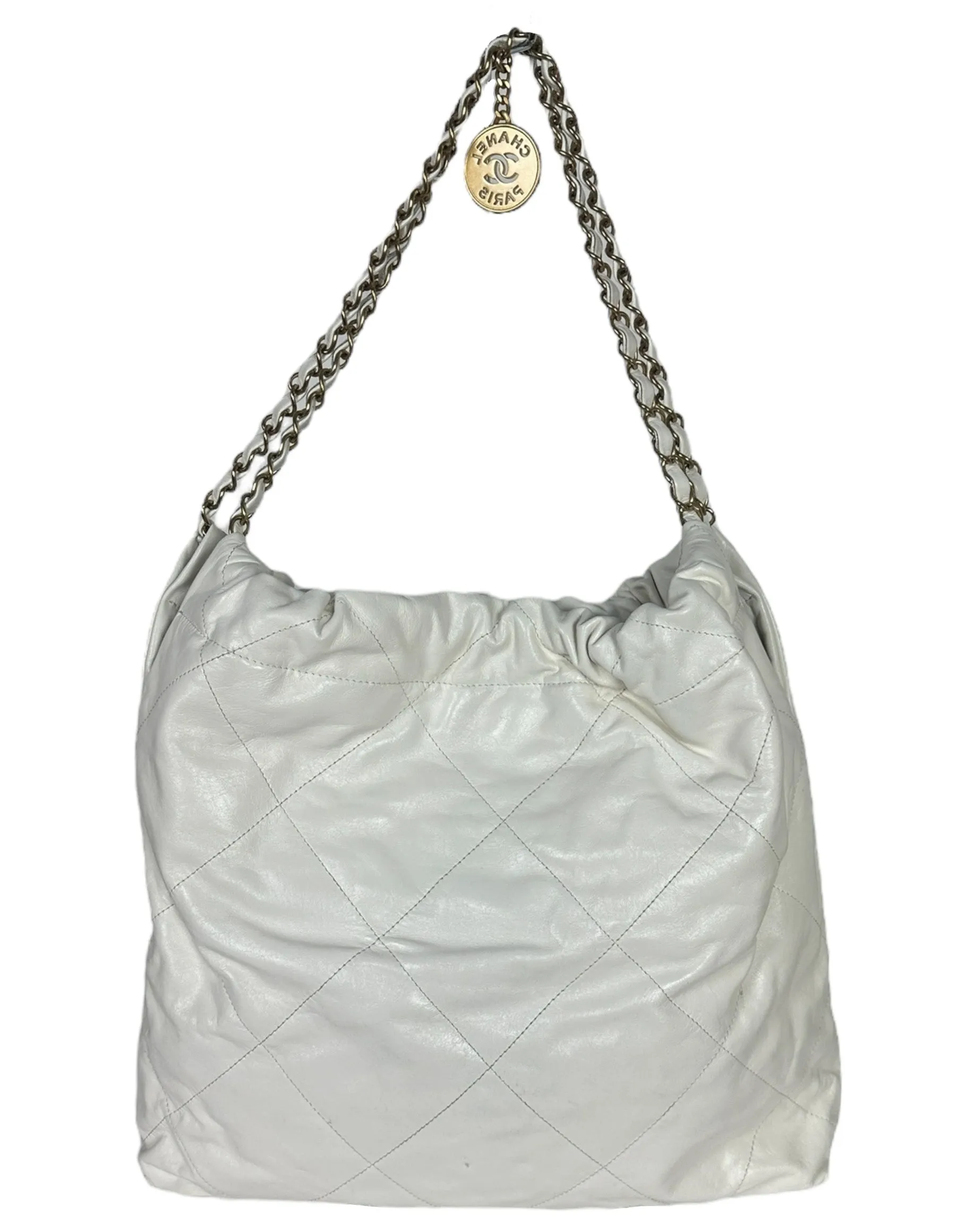 Chanel White Leather Quilted Chanel 22 Tote Bag