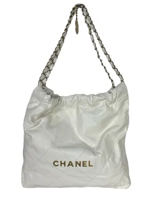 Chanel White Leather Quilted Chanel 22 Tote Bag