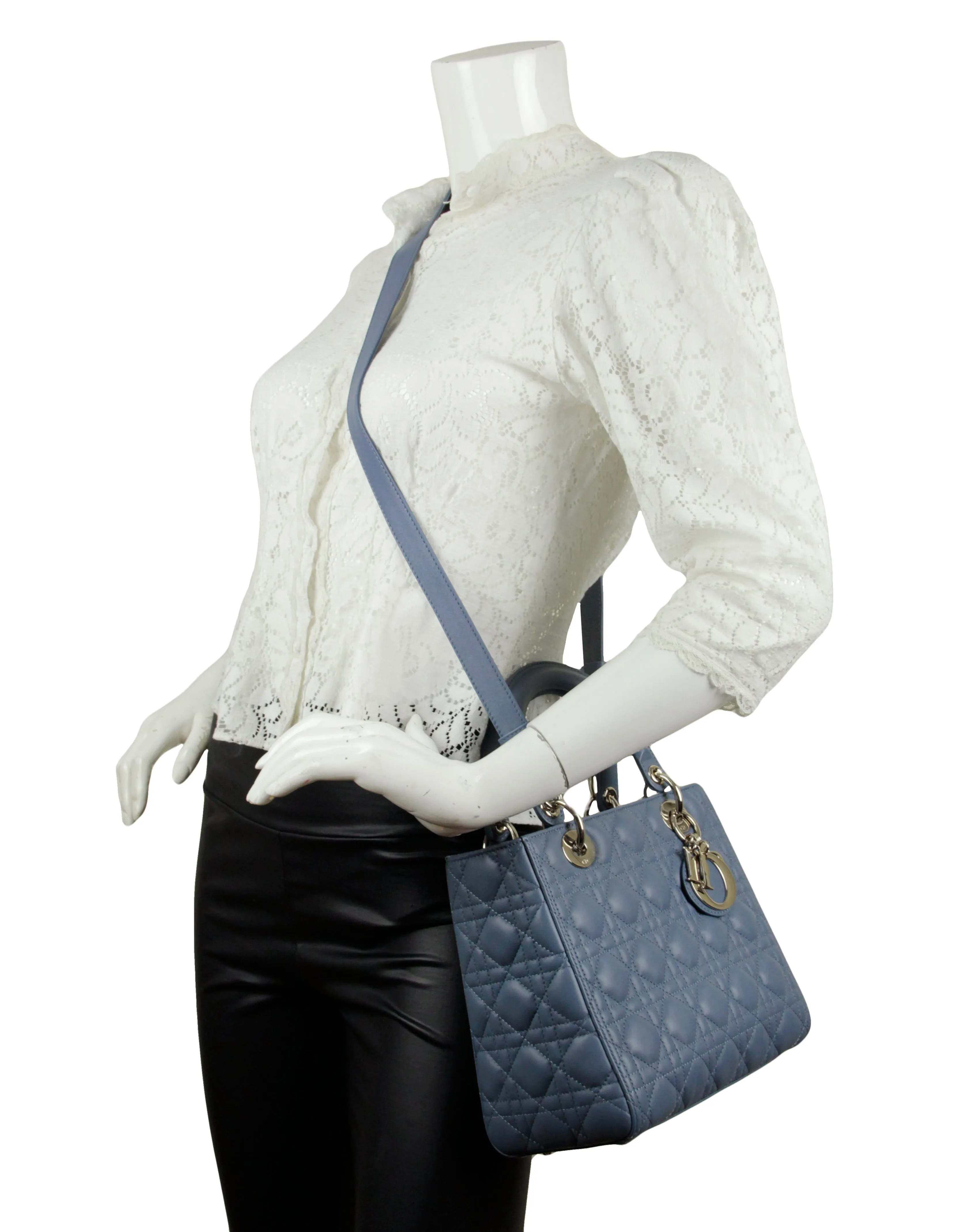 Christian Dior Slate Blue Leather Cannage Quilted Medium Lady Dior Bag