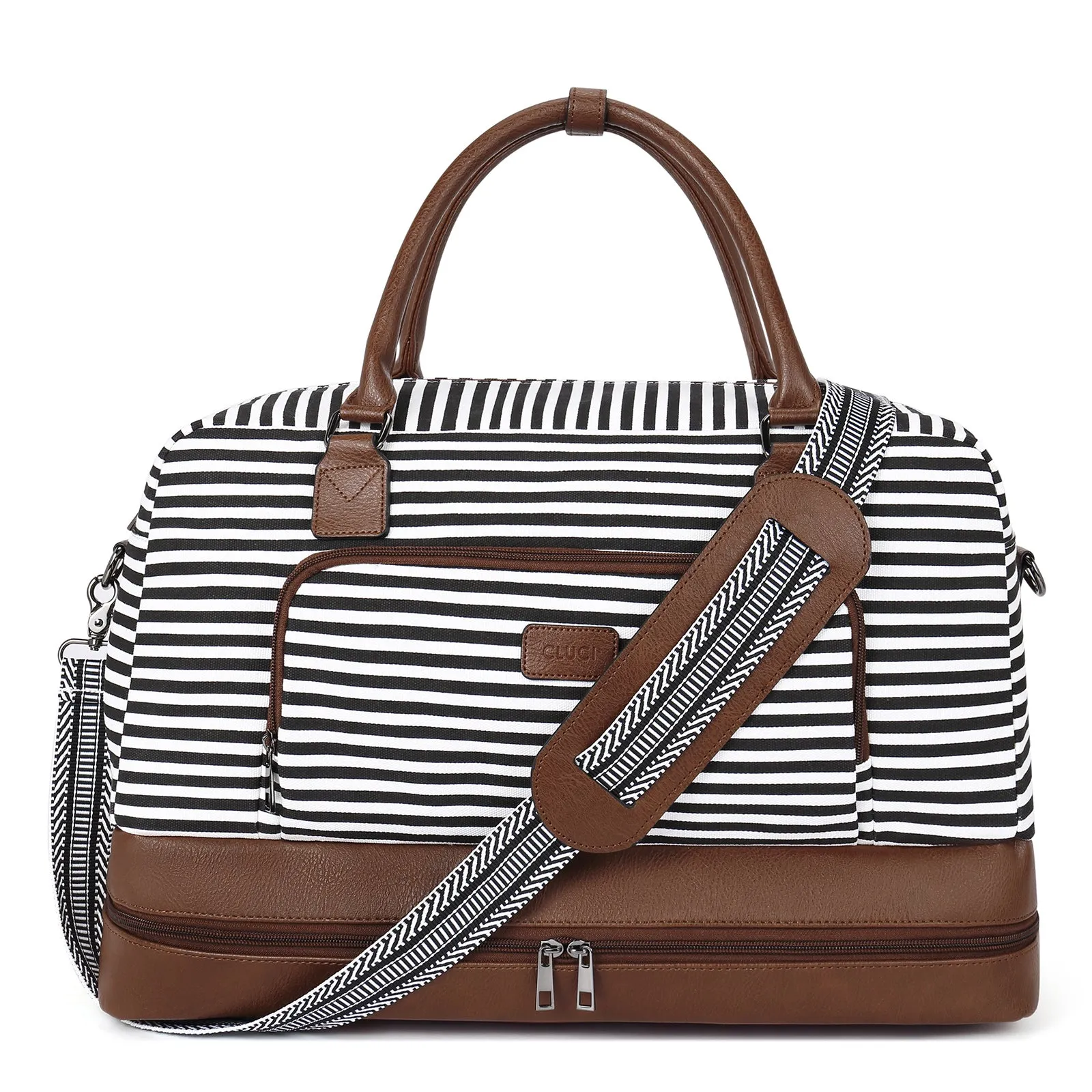 CLUCI Weekender Bags for Women Canvas Duffle Bag Travel Overnight Bags Carry On Tote with Shoe Compartment Beige with Brown