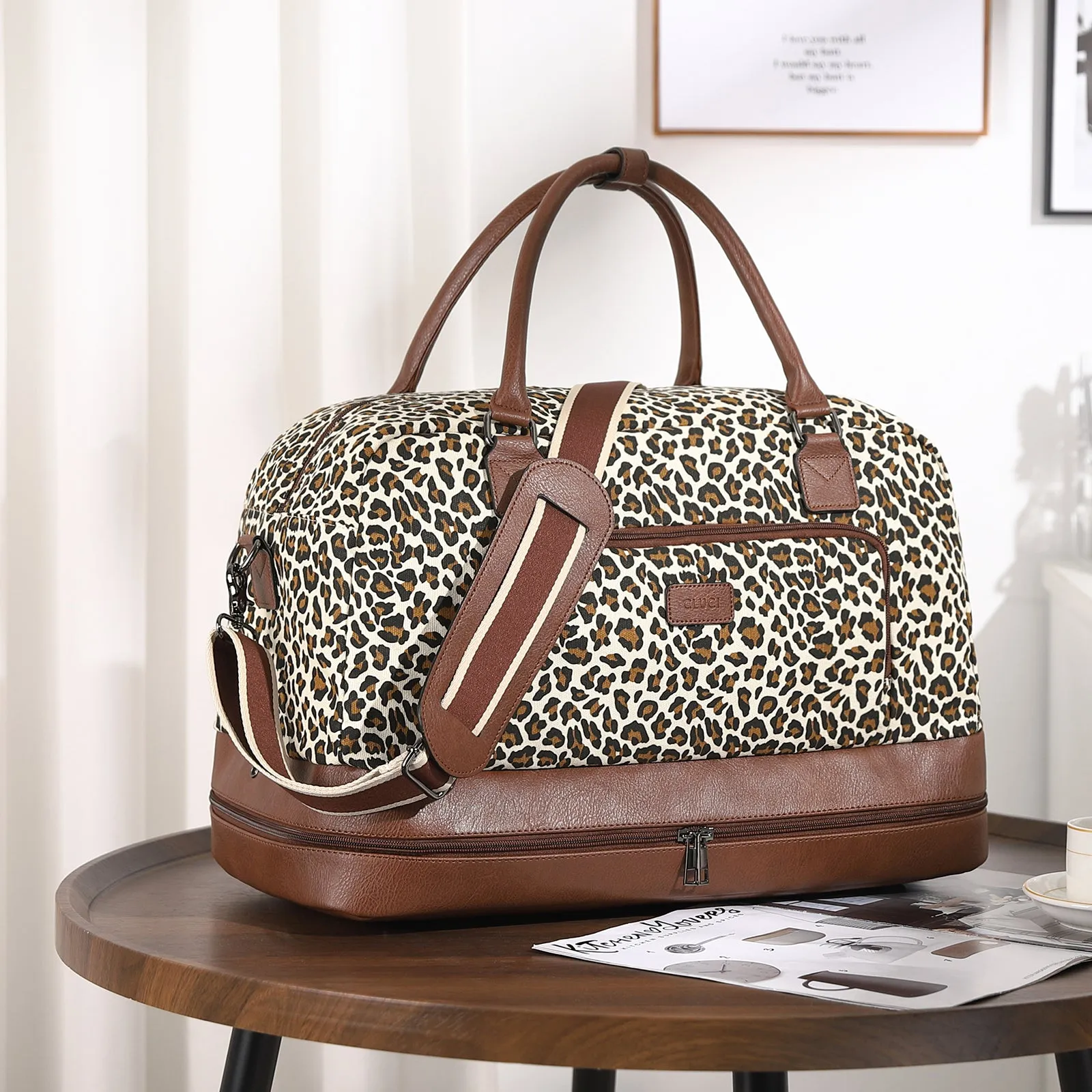 CLUCI Weekender Bags for Women Canvas Duffle Bag Travel Overnight Bags Carry On Tote with Shoe Compartment Beige with Brown