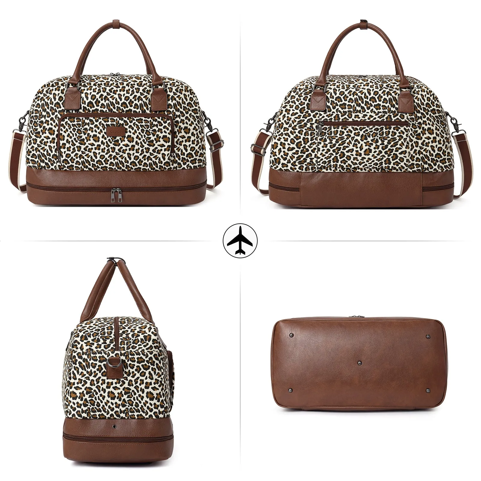 CLUCI Weekender Bags for Women Canvas Duffle Bag Travel Overnight Bags Carry On Tote with Shoe Compartment Beige with Brown