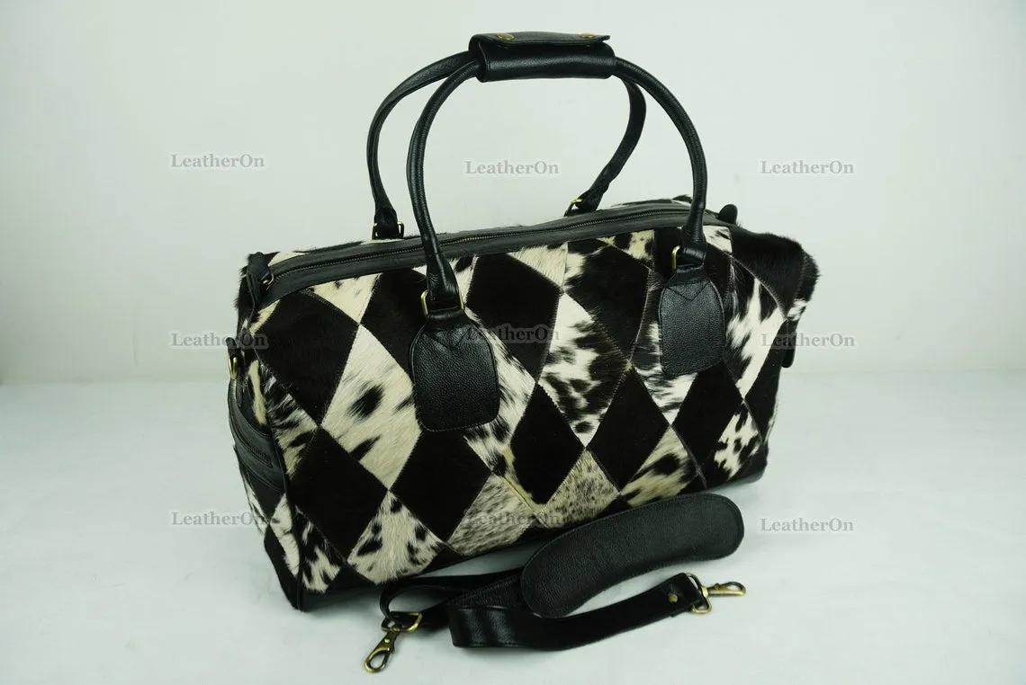 Cowhide Patchwork Duffel Bag | Natural Cowhide Duffel Bag | Hair-On-Leather Travel Bag | Cowhide Luggage Bag | Handmade Duffel Bag | DB92
