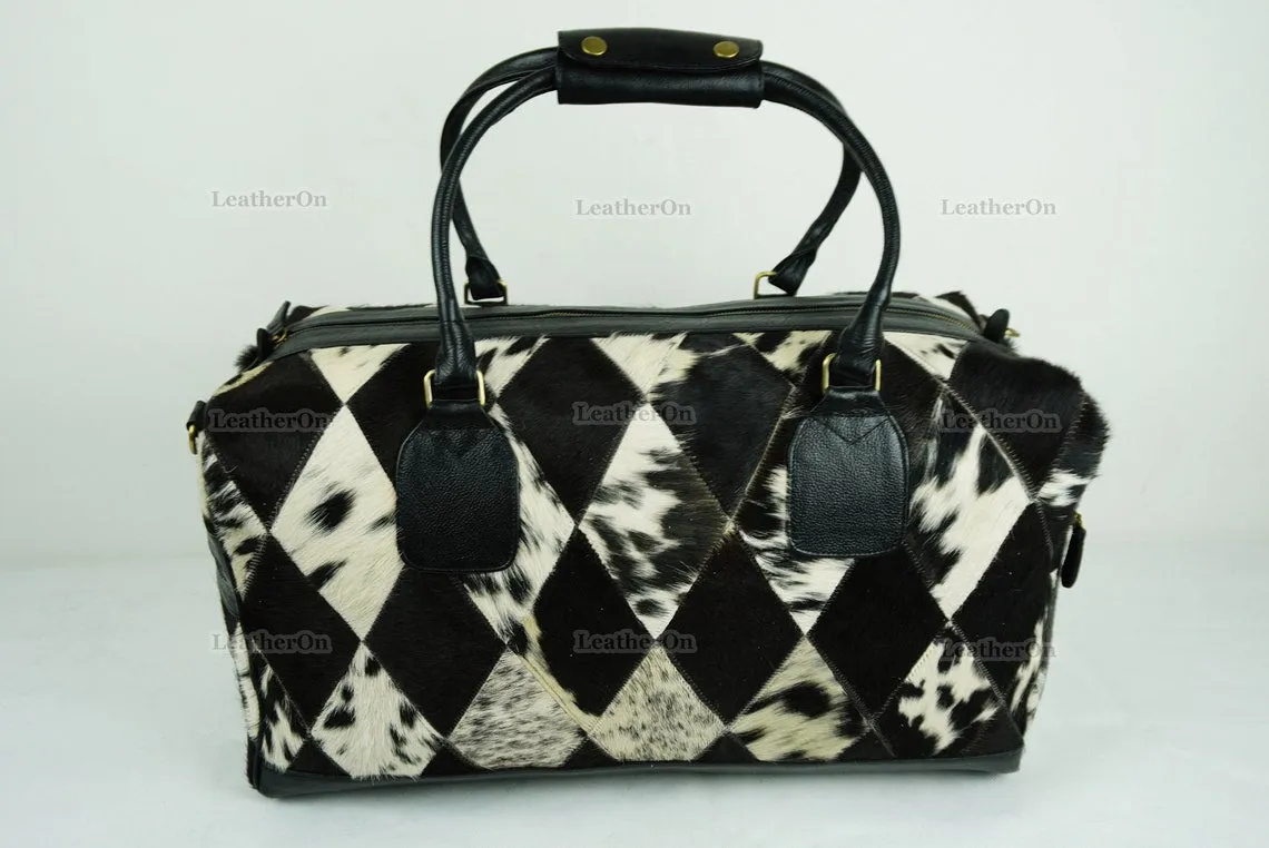 Cowhide Patchwork Duffel Bag | Natural Cowhide Duffel Bag | Hair-On-Leather Travel Bag | Cowhide Luggage Bag | Handmade Duffel Bag | DB92