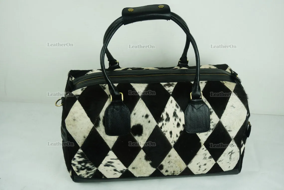 Cowhide Patchwork Duffel Bag | Natural Cowhide Duffel Bag | Hair-On-Leather Travel Bag | Cowhide Luggage Bag | Handmade Duffel Bag | DB92