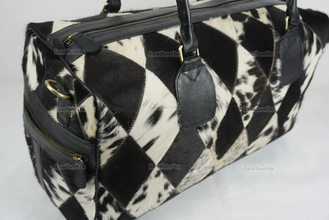 Cowhide Patchwork Duffel Bag | Natural Cowhide Duffel Bag | Hair-On-Leather Travel Bag | Cowhide Luggage Bag | Handmade Duffel Bag | DB92