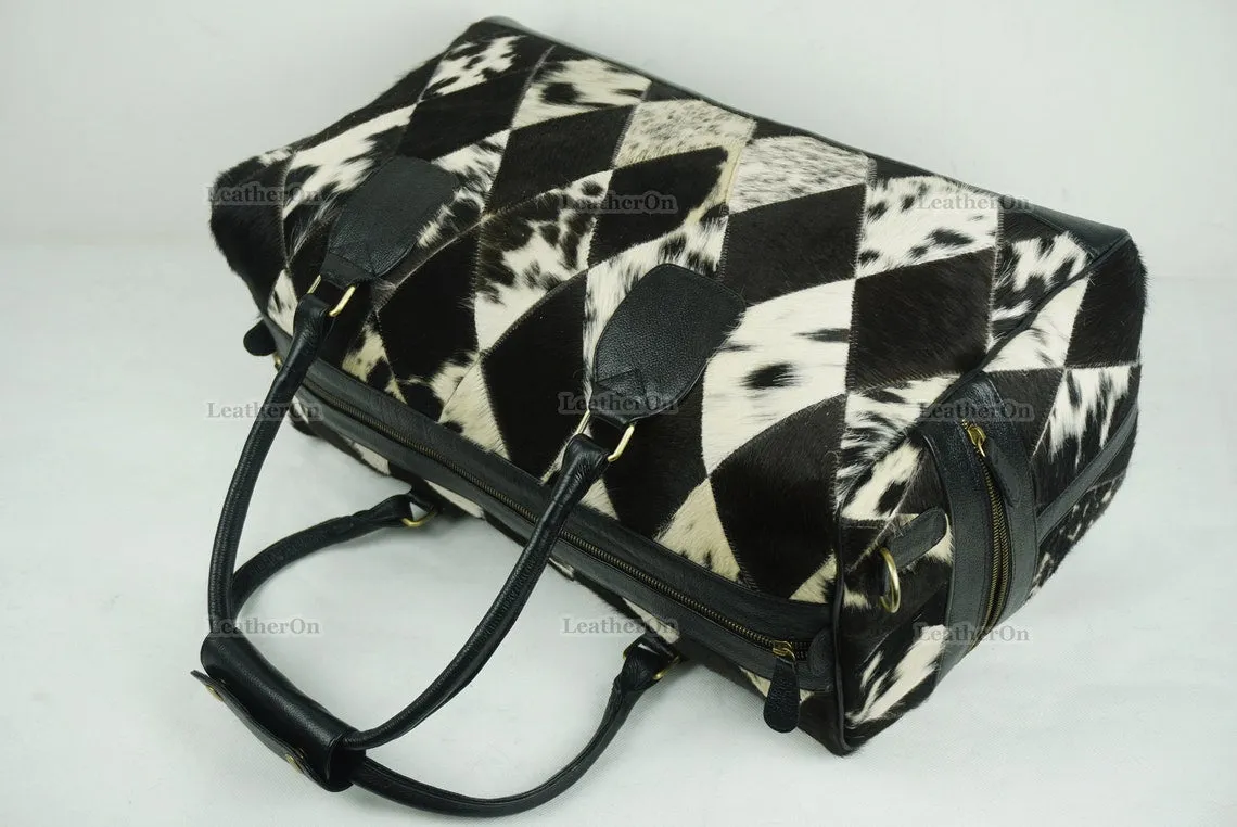 Cowhide Patchwork Duffel Bag | Natural Cowhide Duffel Bag | Hair-On-Leather Travel Bag | Cowhide Luggage Bag | Handmade Duffel Bag | DB92