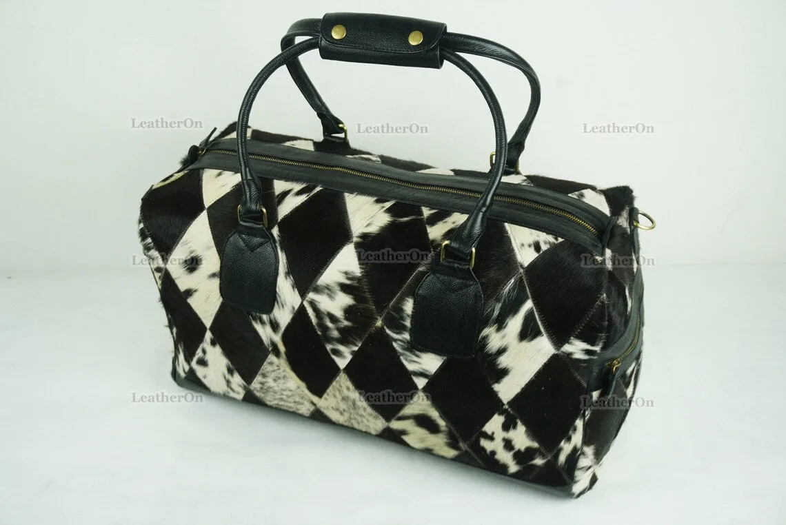 Cowhide Patchwork Duffel Bag | Natural Cowhide Duffel Bag | Hair-On-Leather Travel Bag | Cowhide Luggage Bag | Handmade Duffel Bag | DB92