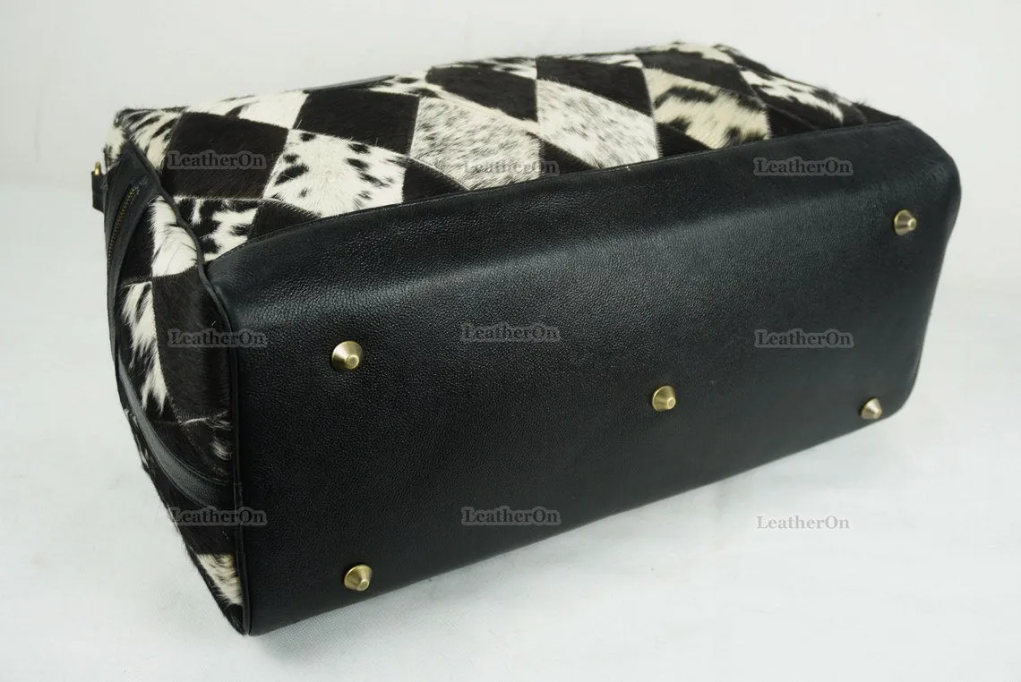 Cowhide Patchwork Duffel Bag | Natural Cowhide Duffel Bag | Hair-On-Leather Travel Bag | Cowhide Luggage Bag | Handmade Duffel Bag | DB92