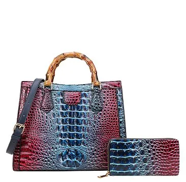 Crocodile Bamboo Handle Tie-dyed Satchel & Wallet 2 in 1