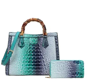 Crocodile Bamboo Handle Tie-dyed Satchel & Wallet 2 in 1