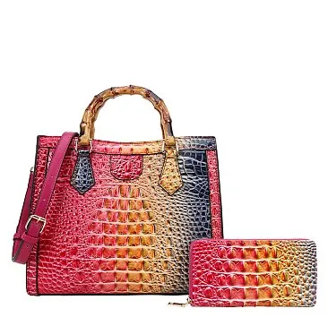 Crocodile Bamboo Handle Tie-dyed Satchel & Wallet 2 in 1