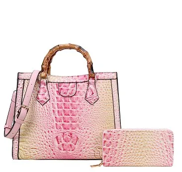 Crocodile Bamboo Handle Tie-dyed Satchel & Wallet 2 in 1