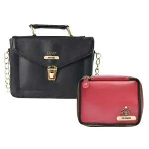 Customized Women's Buttoned Leather Bag   Mini Make up Kit - Black Wine