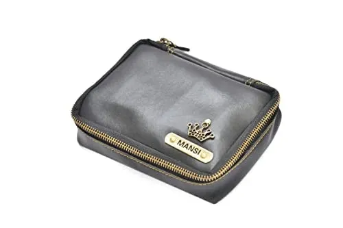 Customized Women's Buttoned Leather Bag   Mini Make up Kit - Grey Black