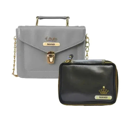 Customized Women's Buttoned Leather Bag   Mini Make up Kit - Grey Black