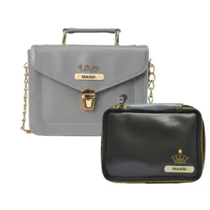 Customized Women's Buttoned Leather Bag   Mini Make up Kit - Grey Black