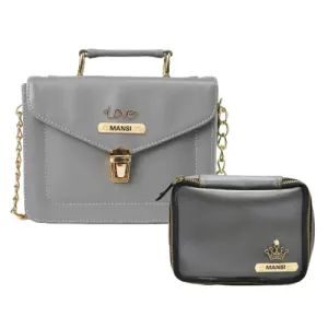 Customized Women's Buttoned Leather Bag   Mini Make up Kit - Grey Grey