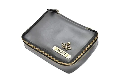 Customized Women's Buttoned Leather Bag   Mini Make up Kit - Grey Grey
