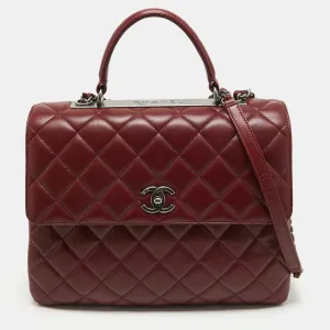 Dark Red Quilted Leather Large Trendy CC Top Handle Bag