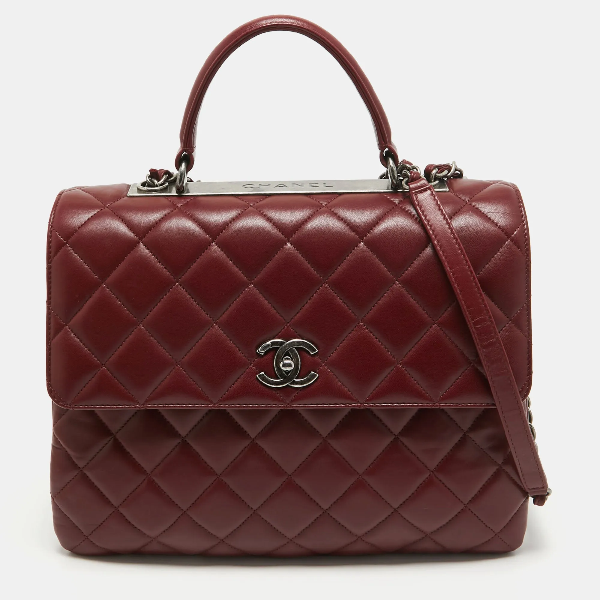 Dark Red Quilted Leather Large Trendy CC Top Handle Bag