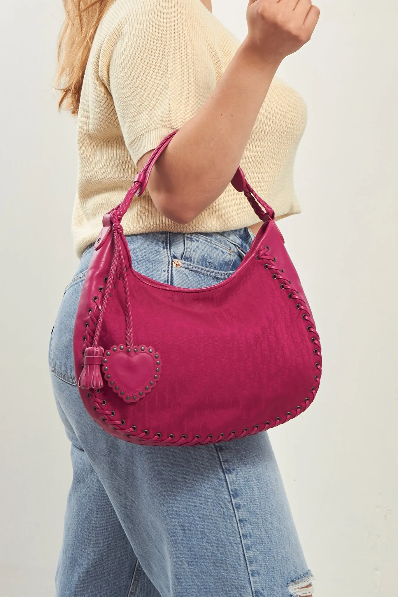 Dior Fuchsia Fabric/Leather Oblique Shoulder Bag