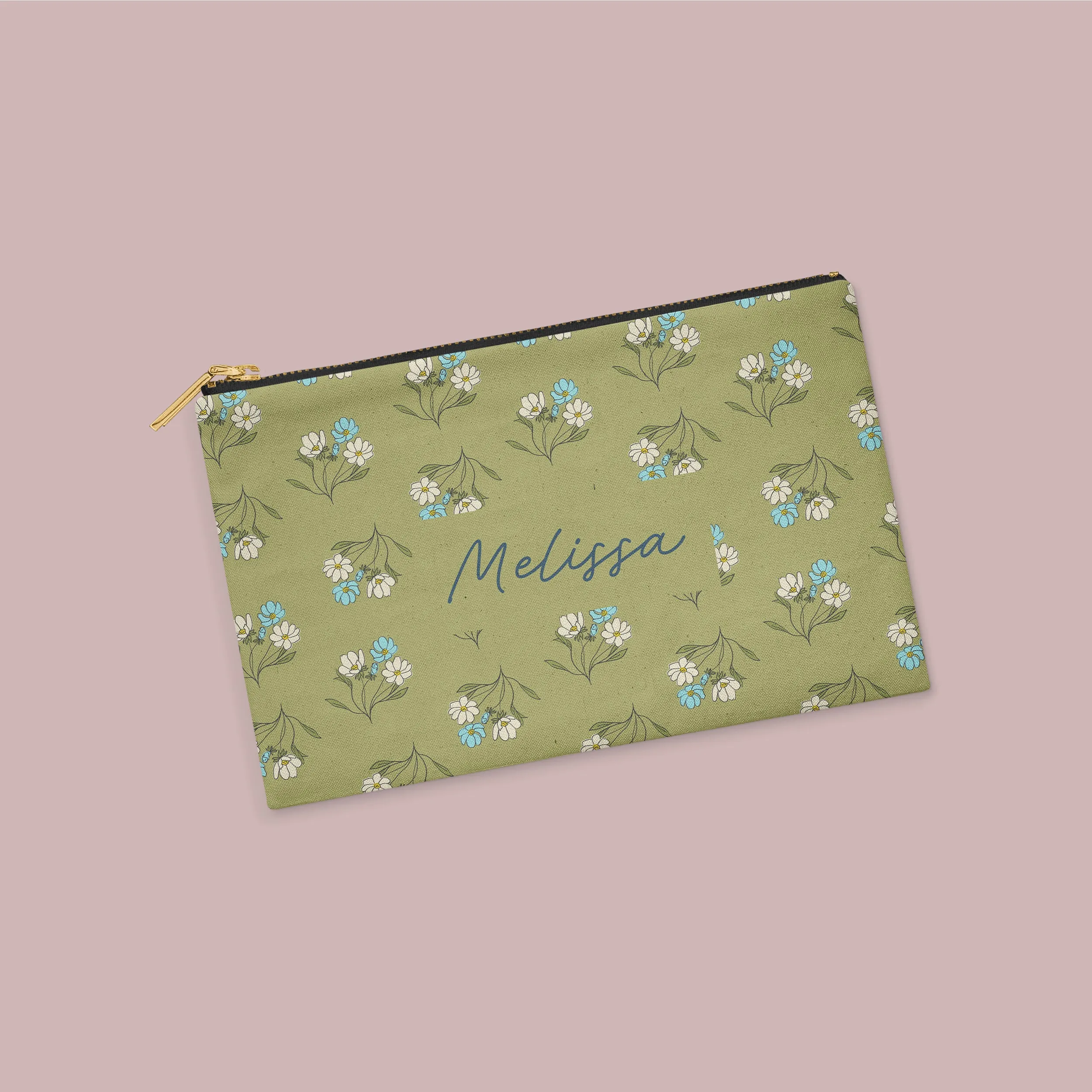 Dogwood Flower Personalized Zipper Pouch (on olive)