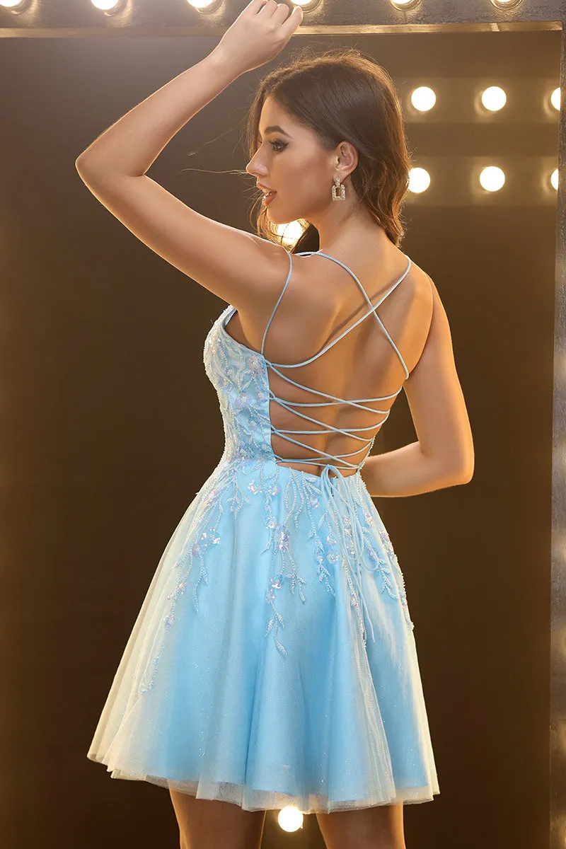 Excellent V-neck  Straps Appliques Tulle Homecoming Dress