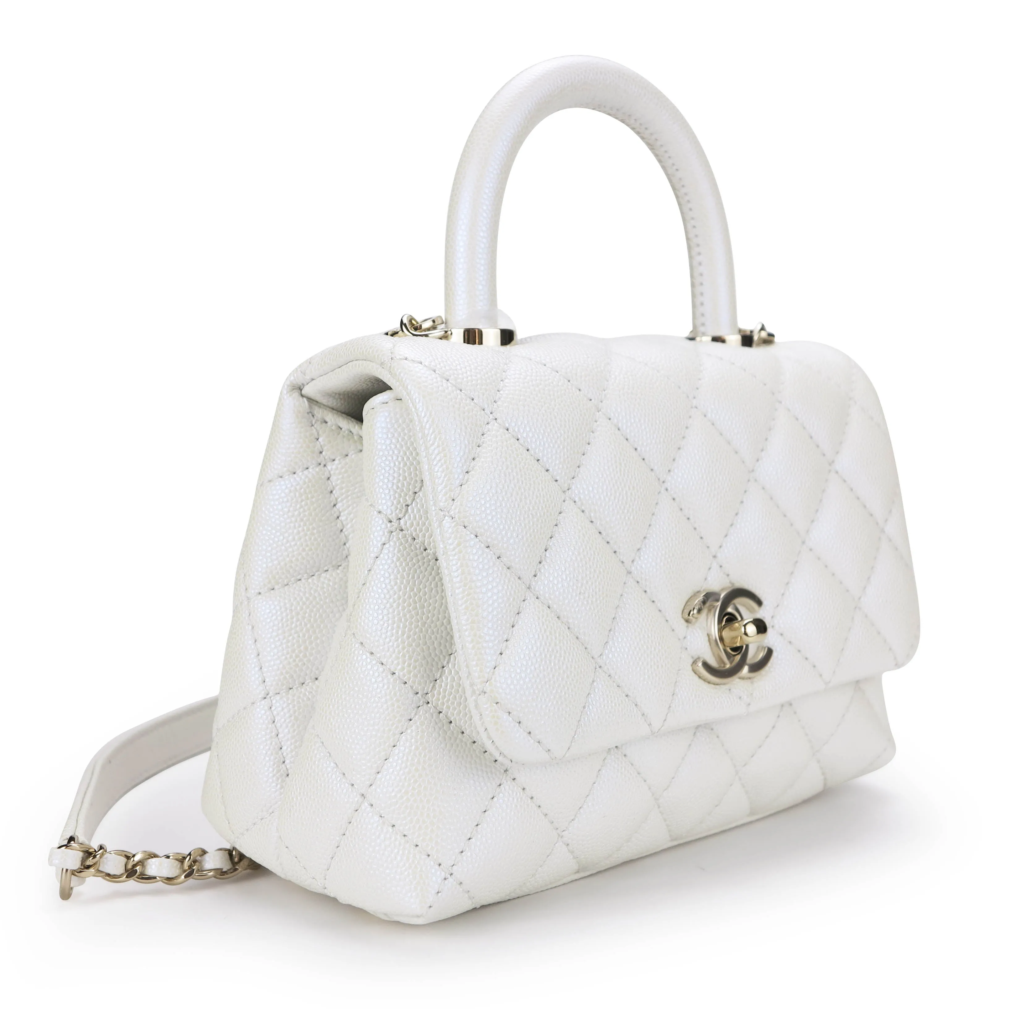 Extra Mini Coco Handle Flap Bag in 20K Iridescent White Caviar