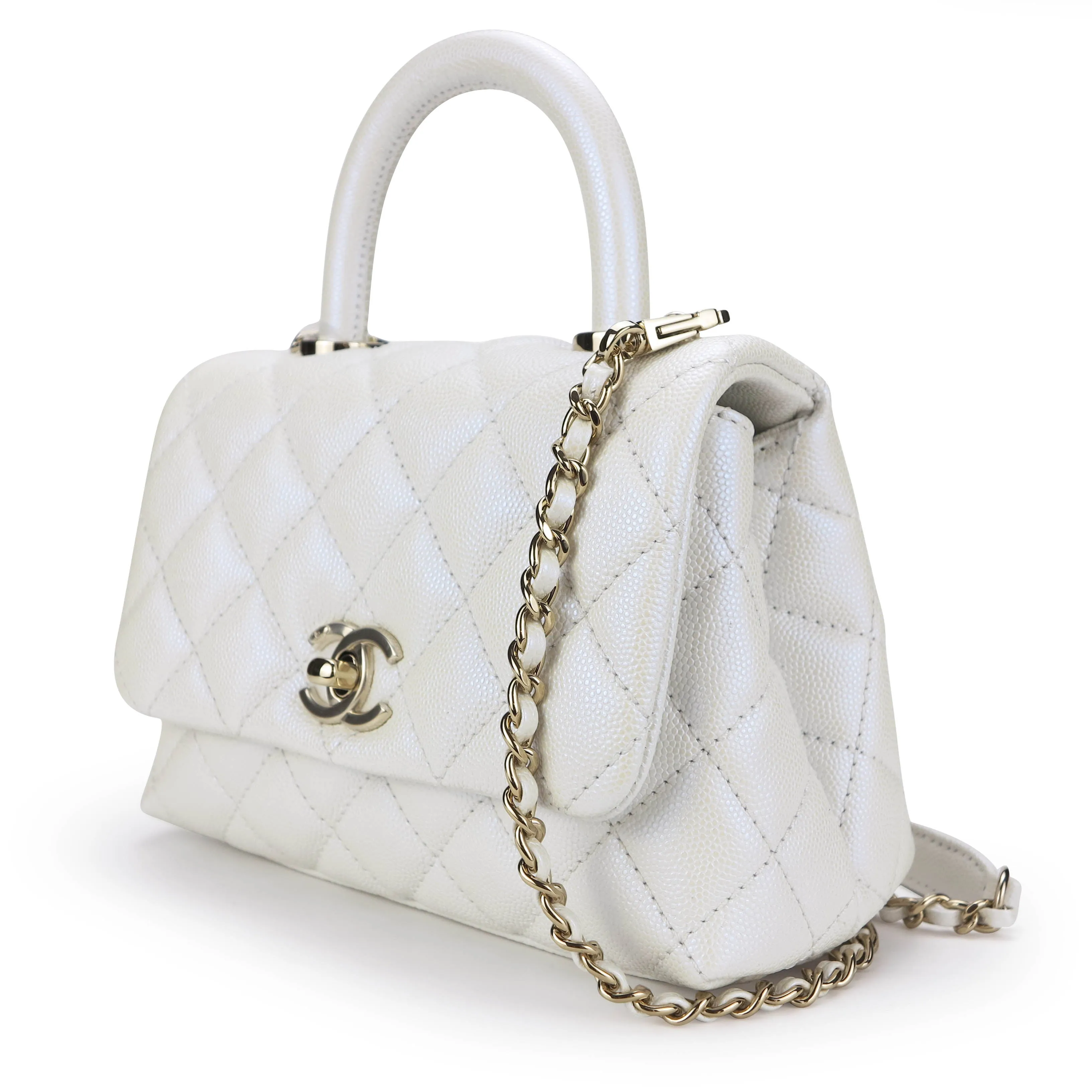 Extra Mini Coco Handle Flap Bag in 20K Iridescent White Caviar