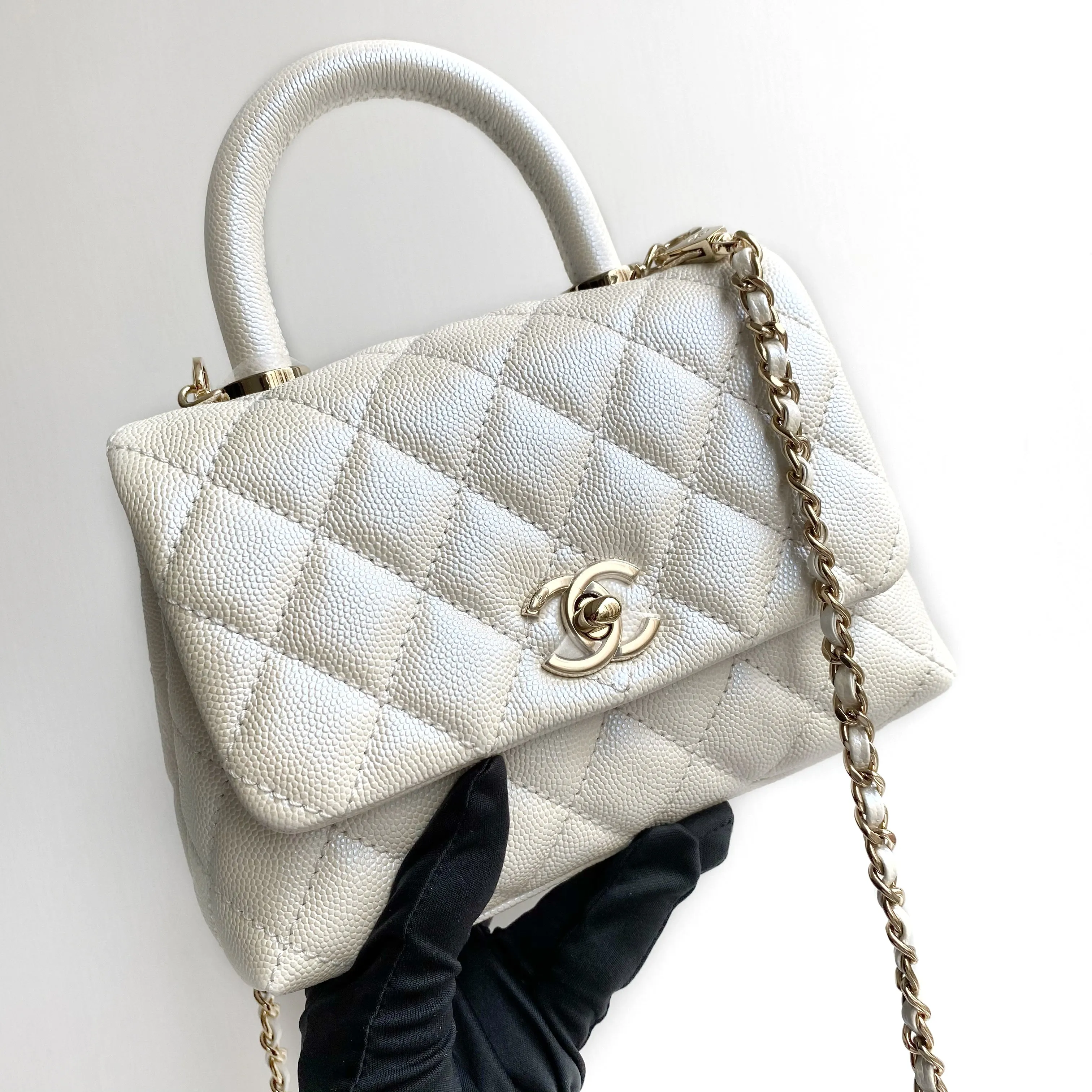 Extra Mini Coco Handle Flap Bag in 20K Iridescent White Caviar