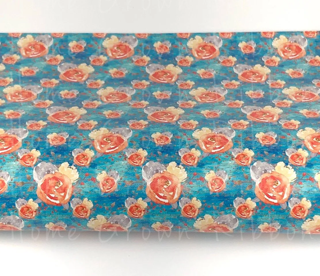 Fall Roses on Turquoise Synthetic Leather Sheet USDR