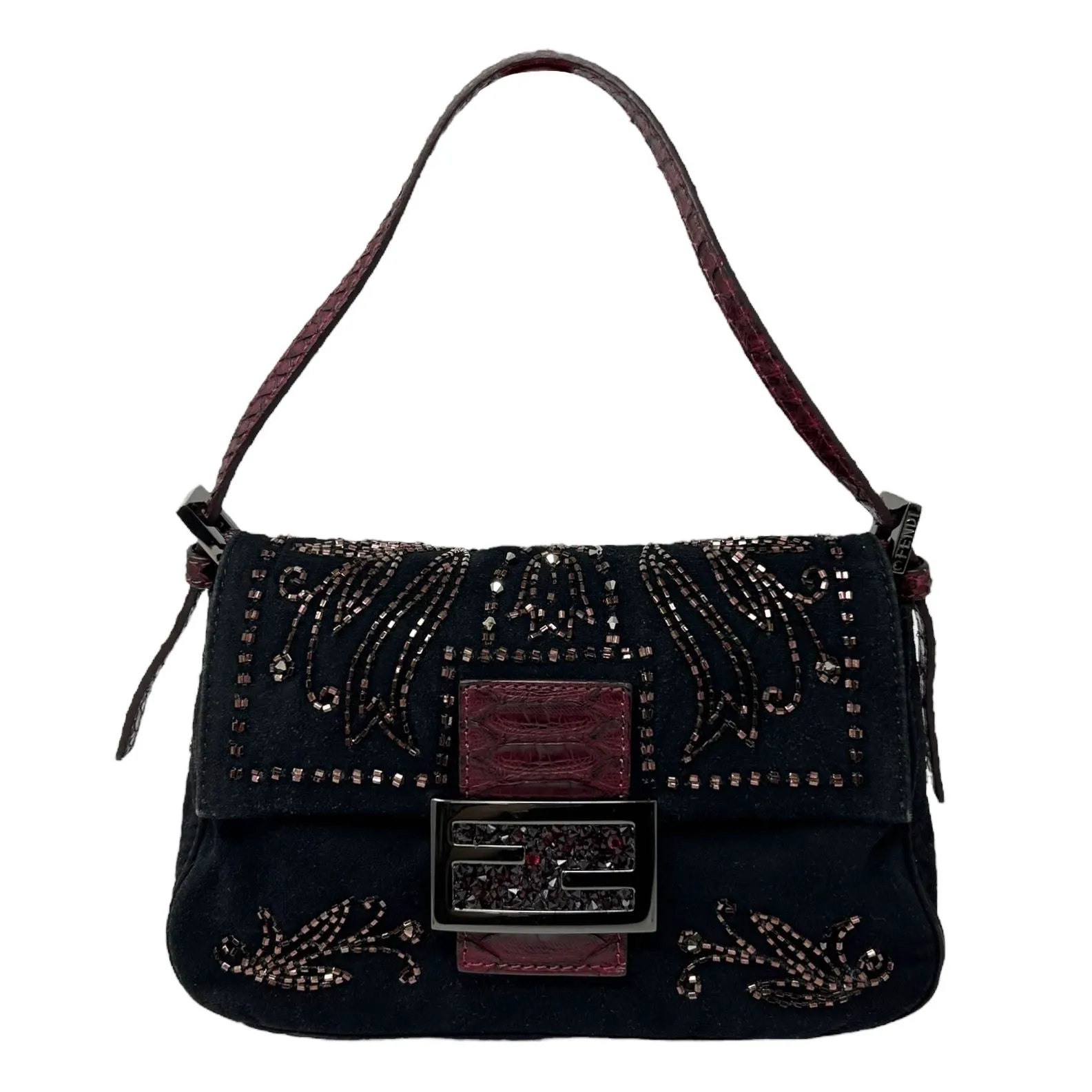 Fendi Black Suede Beaded Mini Baguette