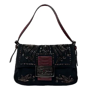 Fendi Black Suede Beaded Mini Baguette