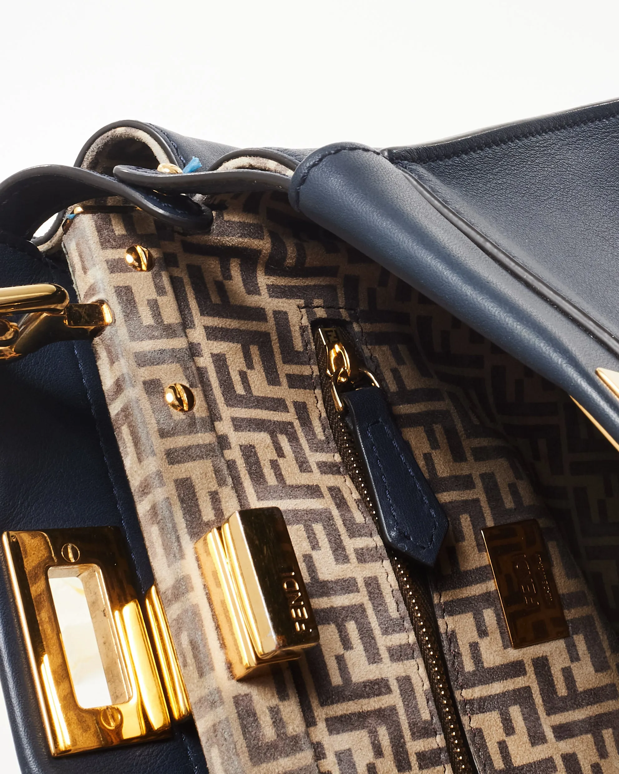 Fendi Dark Navy Leather & Zucchino Interior Mini Peekaboo Bag