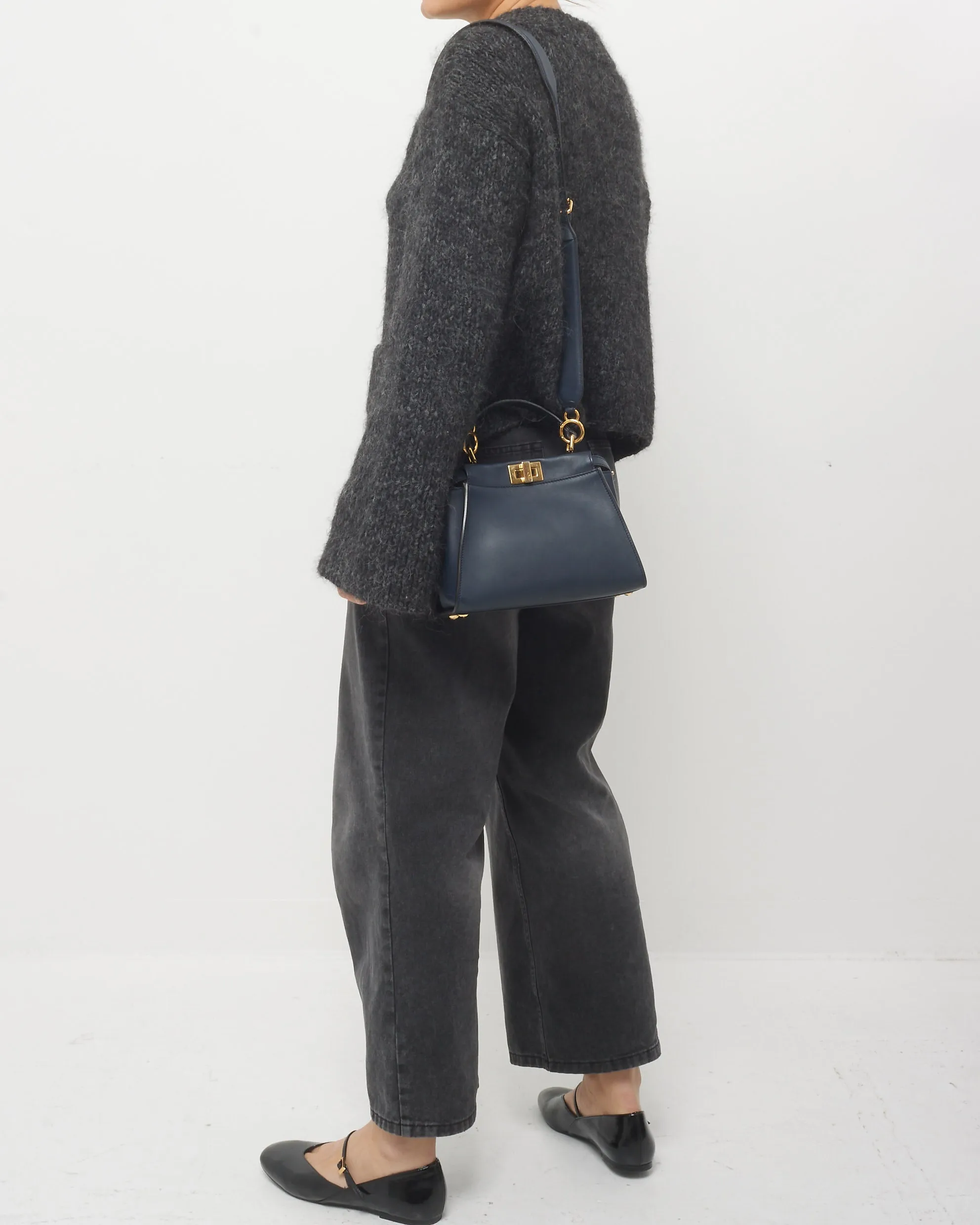 Fendi Dark Navy Leather & Zucchino Interior Mini Peekaboo Bag