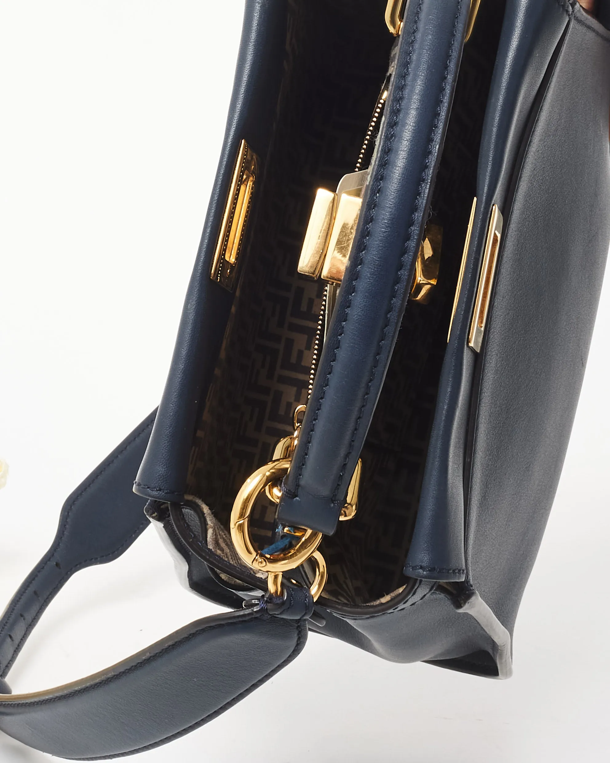 Fendi Dark Navy Leather & Zucchino Interior Mini Peekaboo Bag