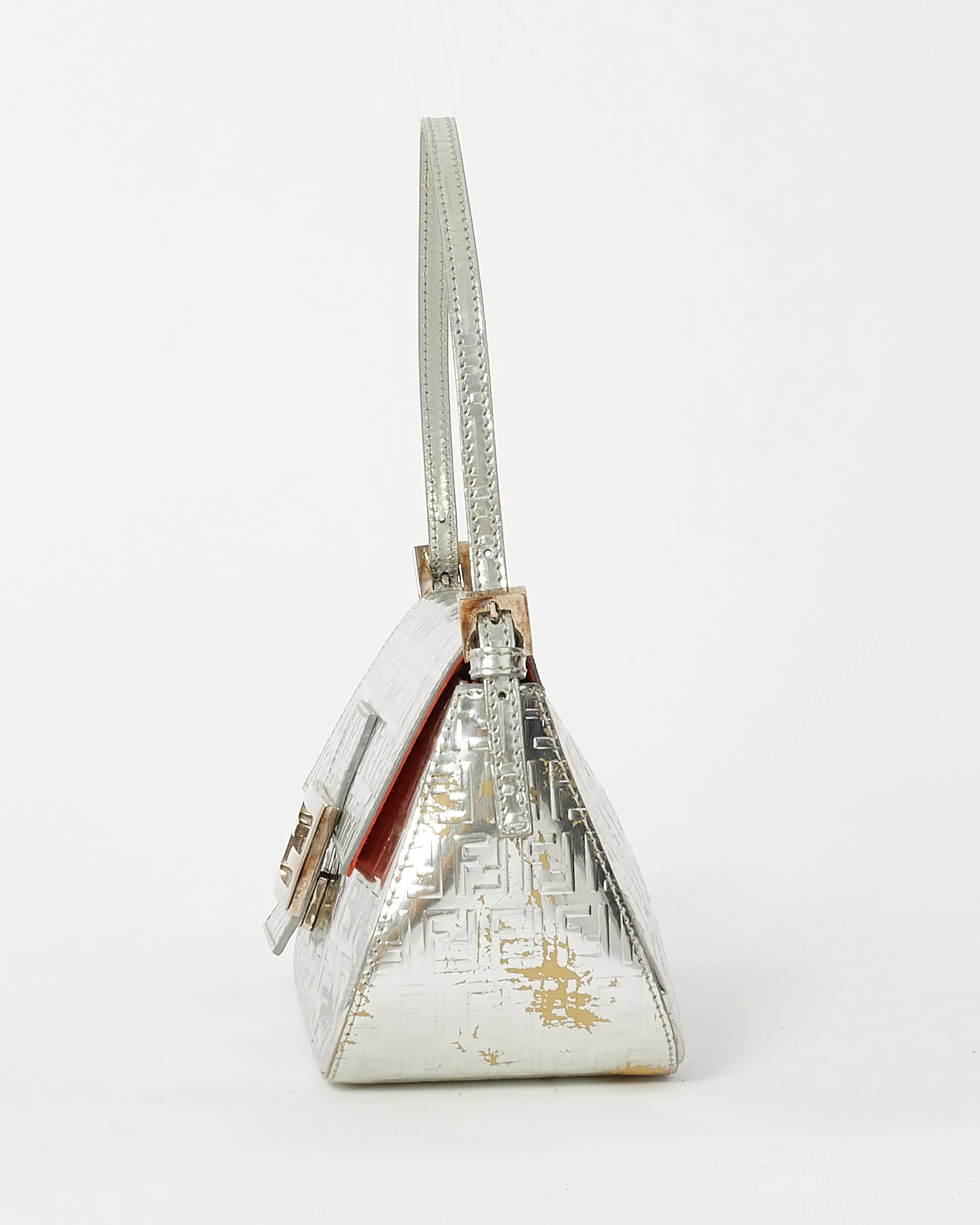 Fendi Silver Leather Zucchino Print Mini Shoulder Bag