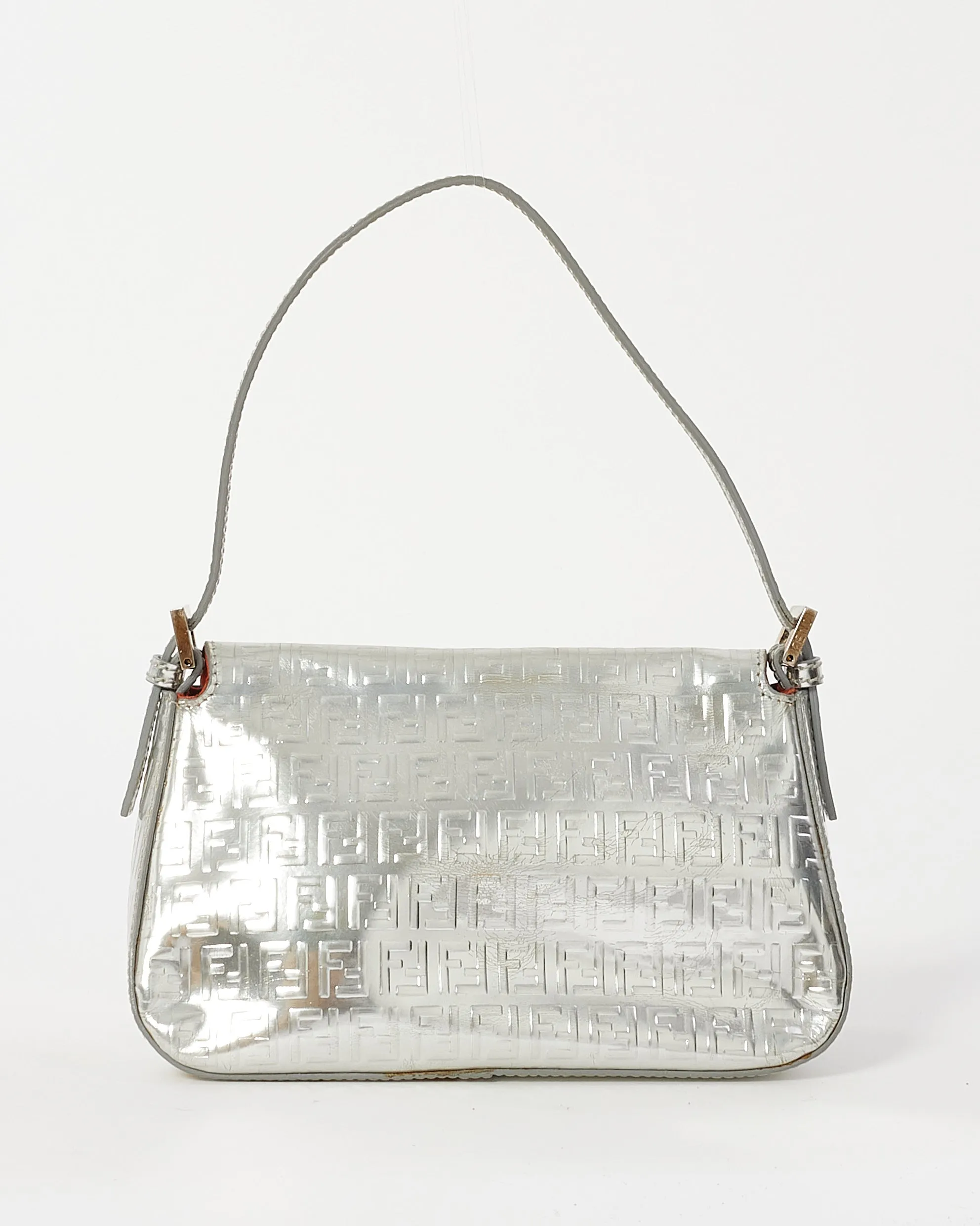 Fendi Silver Leather Zucchino Print Mini Shoulder Bag