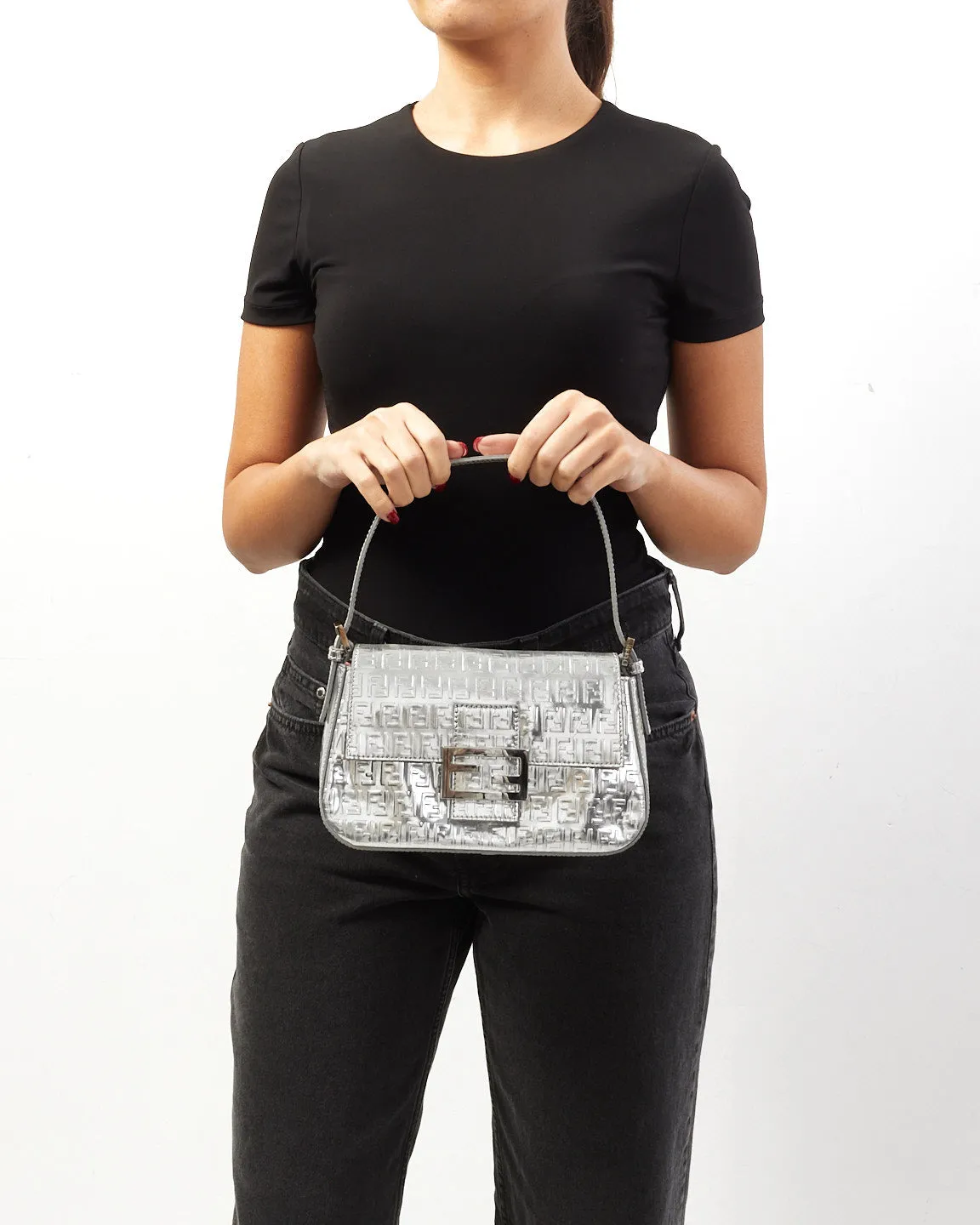 Fendi Silver Leather Zucchino Print Mini Shoulder Bag